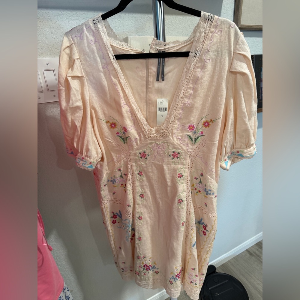 Anthropologie Lace Trim Dress in Cream and Pink